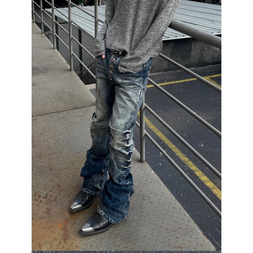 Japanese Vintage Faded Denim Stacked Jeans Blue